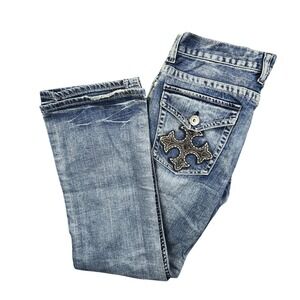 VTG Helix Mens Jeans Boot Cut Blue Wash Embroidered Cross Pockets Size 34x34